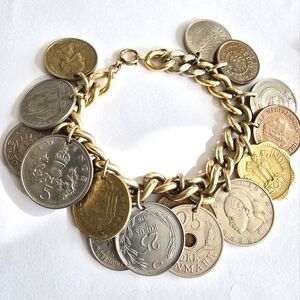 Vintage bracelet world coins charm gold filled numismatic jewelry chunky